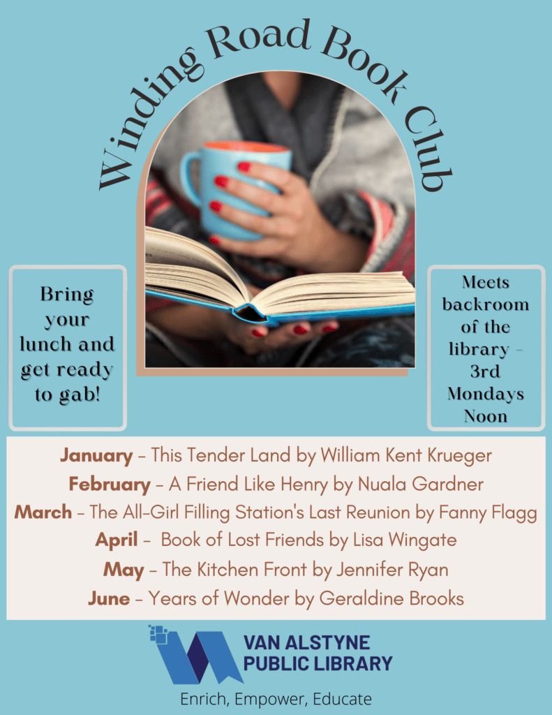 Winding Road Book Club at the Library. 3rd Monday at Noon