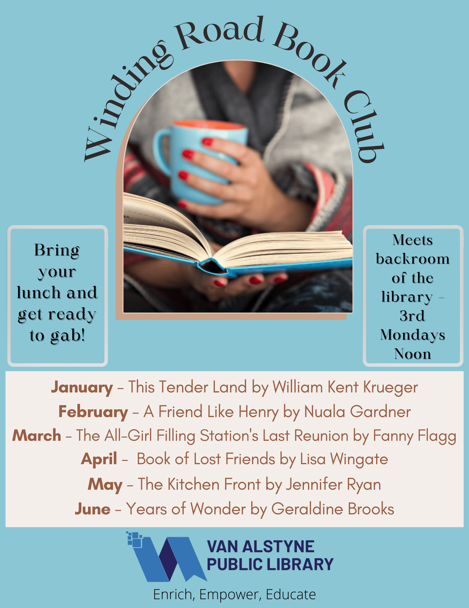 Winding Road Book Club at the Library. 3rd Monday at Noon